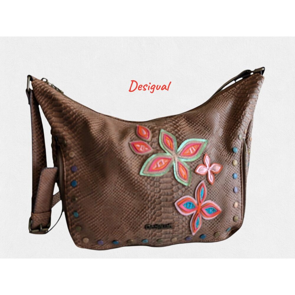 Desigual Fly Patch Somalia Snakeskin Embossed Floral Applique Hobo Bag